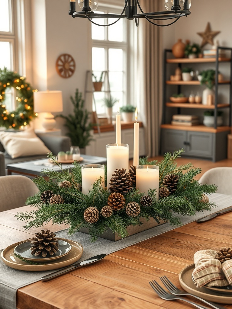 A cozy winter centerpiece featuring pinecones, candles, and greenery on a wooden table.
