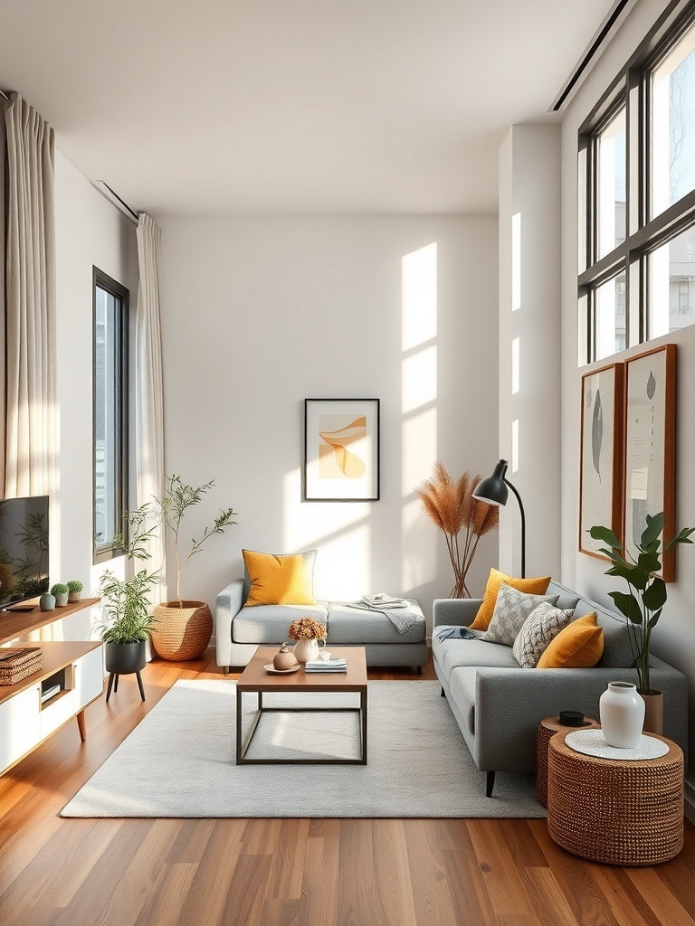 A bright and cozy living room with seasonal decor, featuring a gray sofa, yellow pillows, and plants.