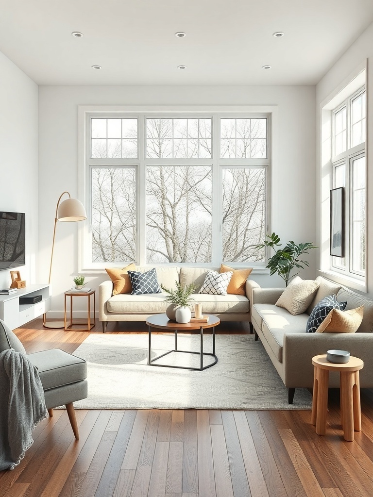A bright Scandinavian living room with large windows, light furniture, and seasonal decor.