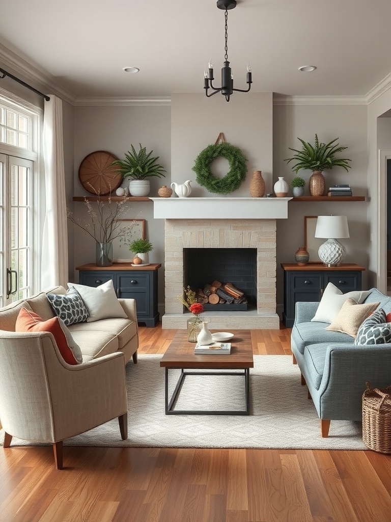 A cozy farmhouse living room with seasonal decor, featuring a fireplace, plants, and comfortable seating.