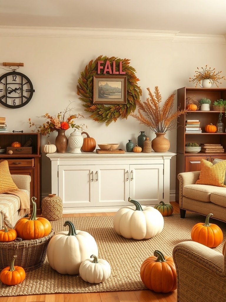 A cozy living room decorated for fall with pumpkins, a wreath, and autumn-themed decor.