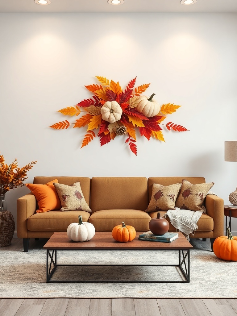 A cozy living room with autumn-themed wall decor featuring colorful leaves and pumpkins.