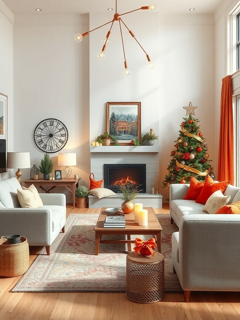 Cozy living room decorated for the holidays with a Christmas tree, warm colors, and inviting furniture.