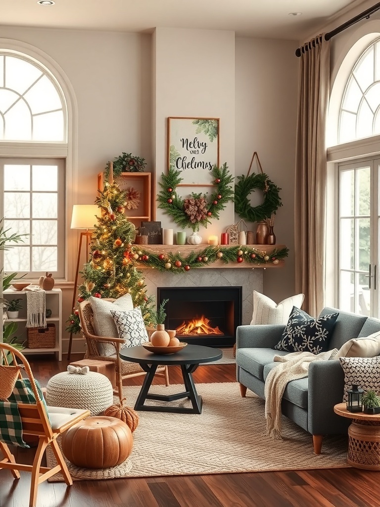 Cozy living room decorated for the holidays with a Christmas tree, wreaths, and seasonal decor.