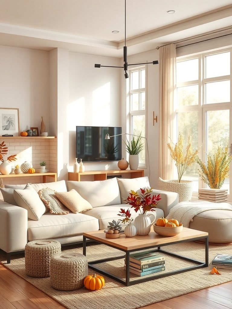 A cozy living room decorated for fall with pumpkins and autumn flowers.