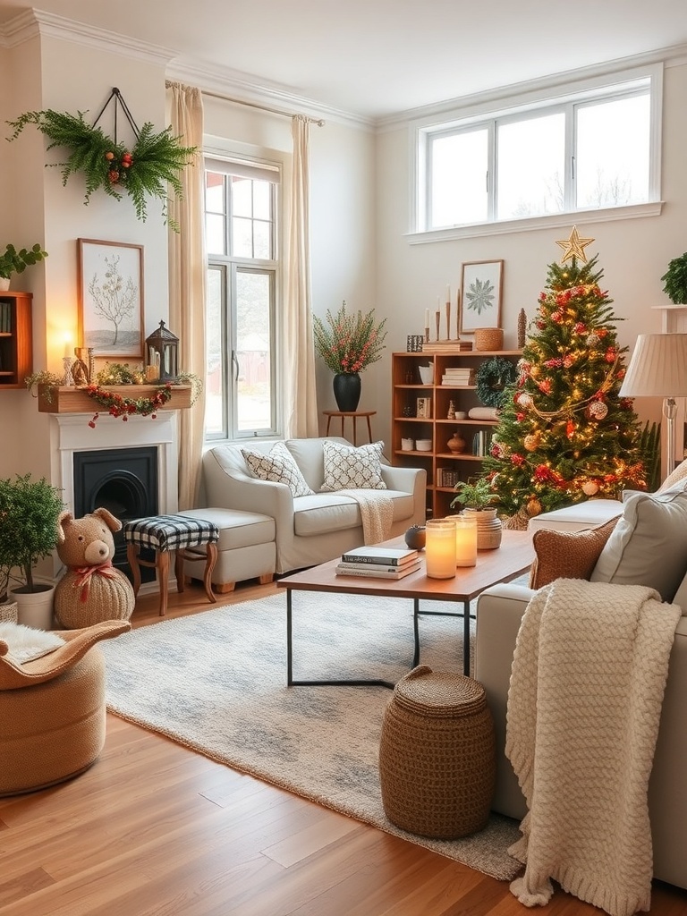 A cozy living room decorated for the holiday season with a Christmas tree, warm lighting, and festive accents.