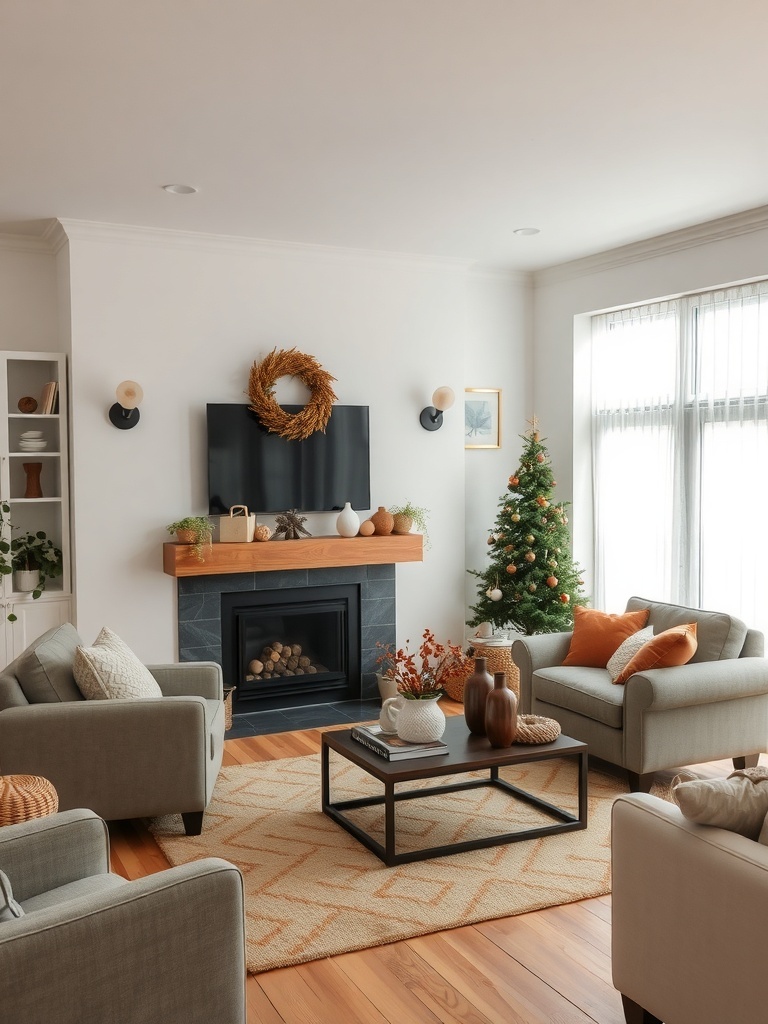 Cozy living room with seasonal decor including a Christmas tree and wreath