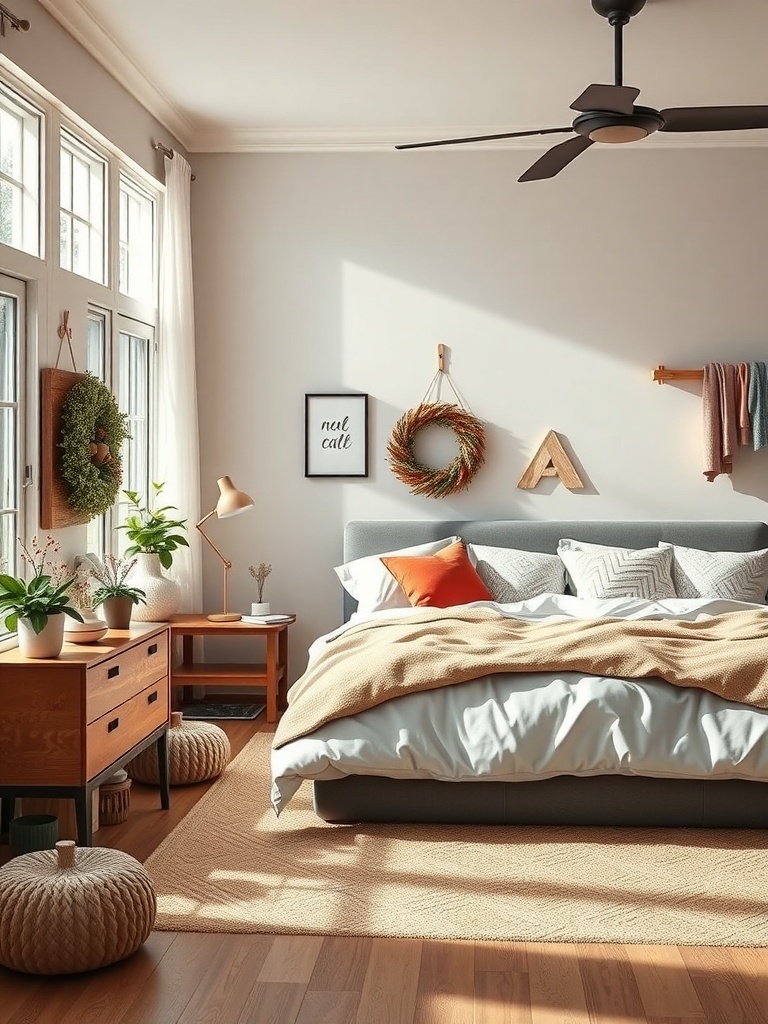 Cozy bedroom with seasonal decor, featuring a bed with pillows, a wooden nightstand, and wall wreaths.