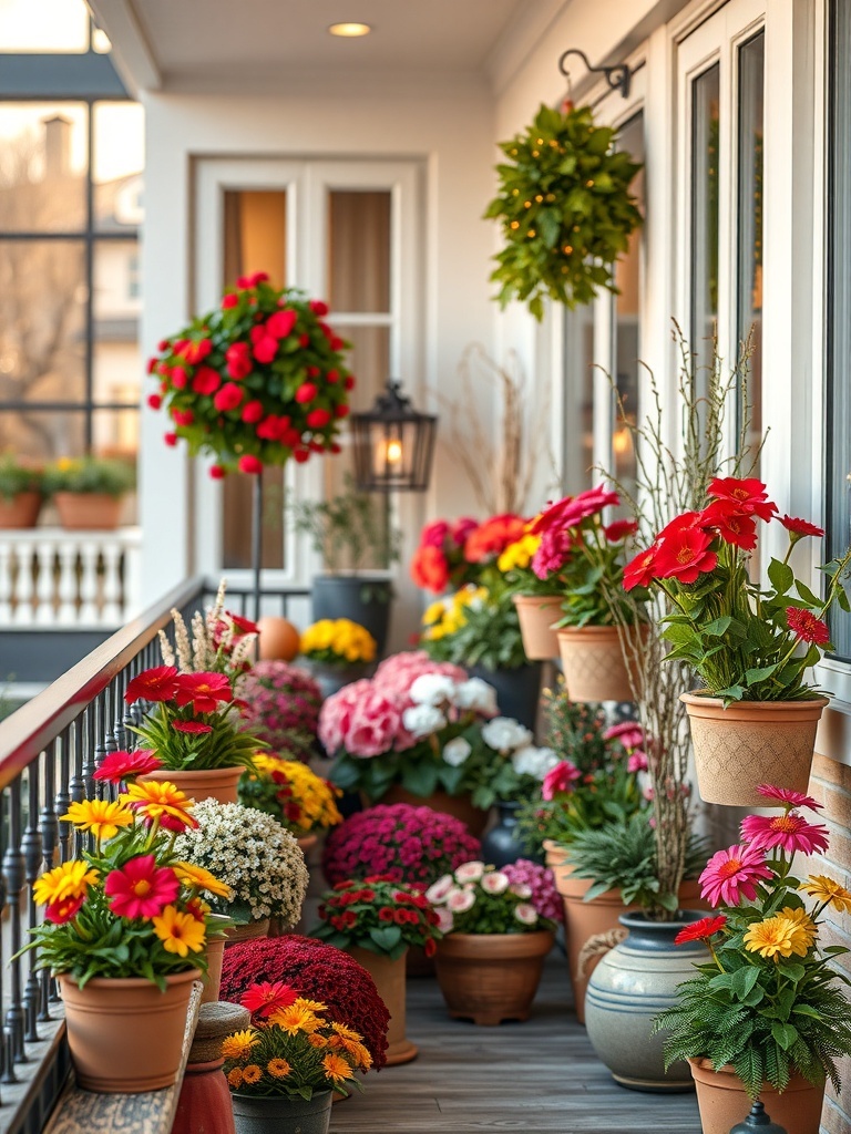 A balcony filled with colorful potted flowers in various arrangements.