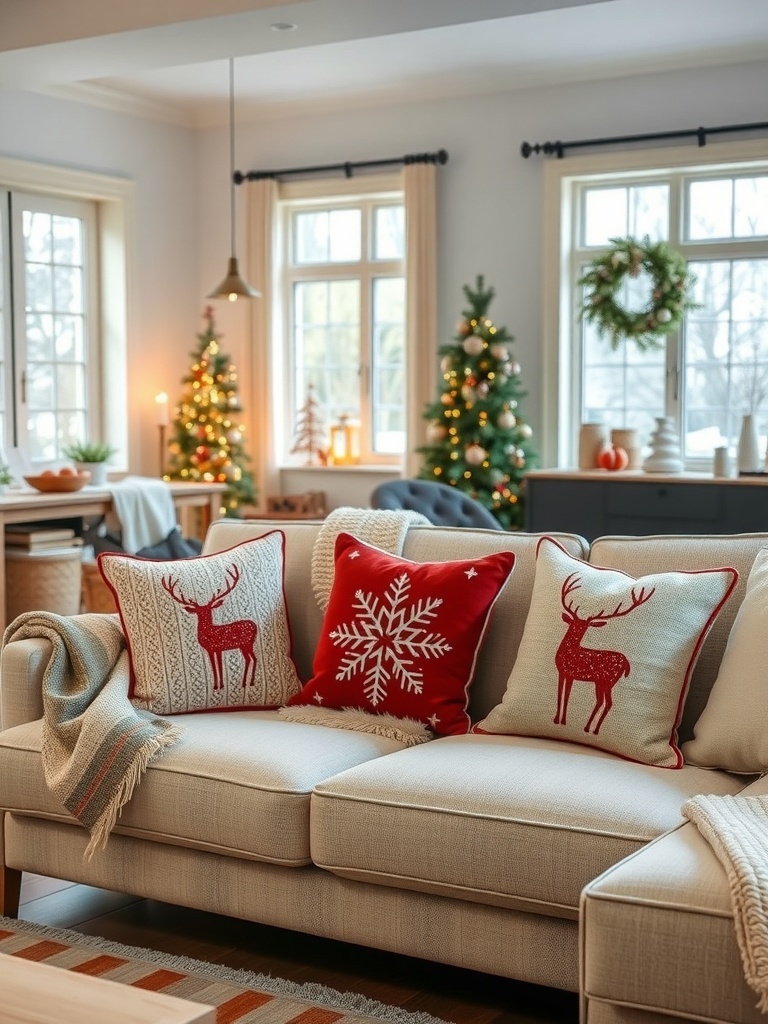 Cozy winter-themed pillows on a sofa in a decorated apartment.
