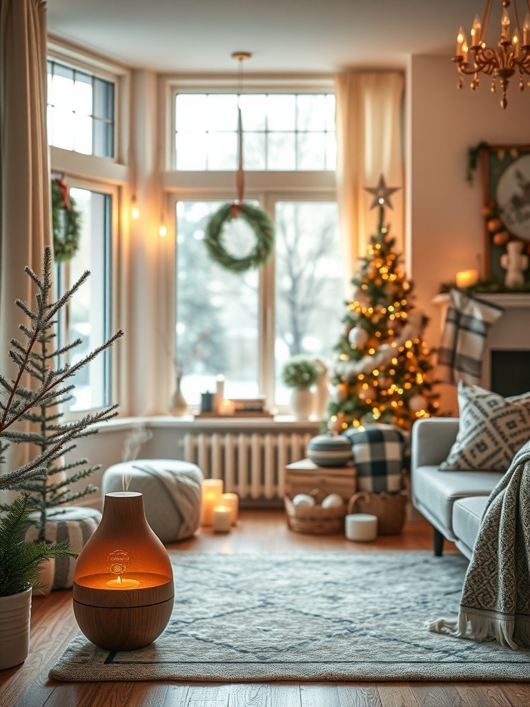 A cozy winter living room with a scent diffuser, Christmas tree, and warm lighting.