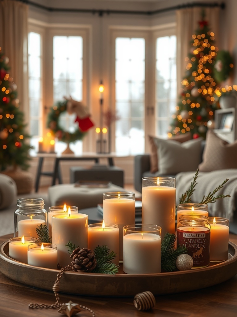 A cozy arrangement of white scented candles on a wooden tray, surrounded by pine branches and decorative elements, set in a warm living room.