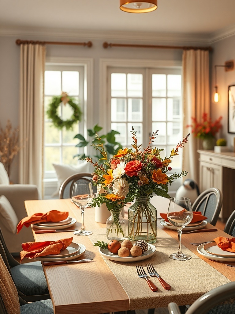 A beautifully set dining table with a floral centerpiece, colorful napkins, and decorative fruits.