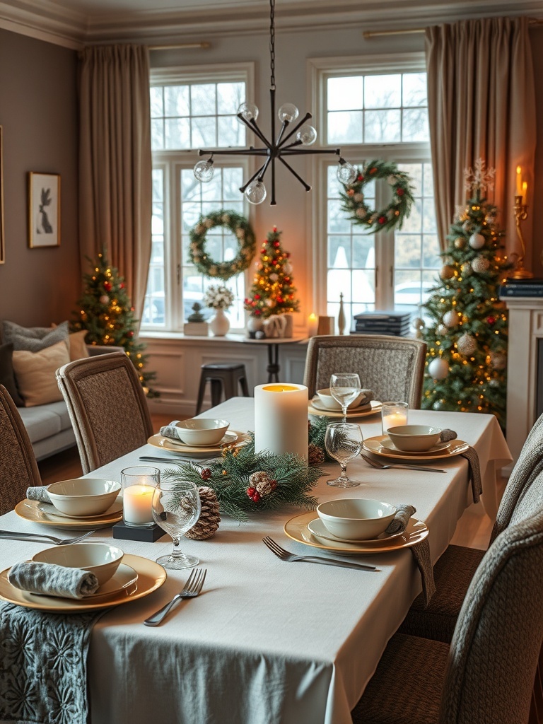 A cozy winter table setting with candles, dishes, and festive decorations.