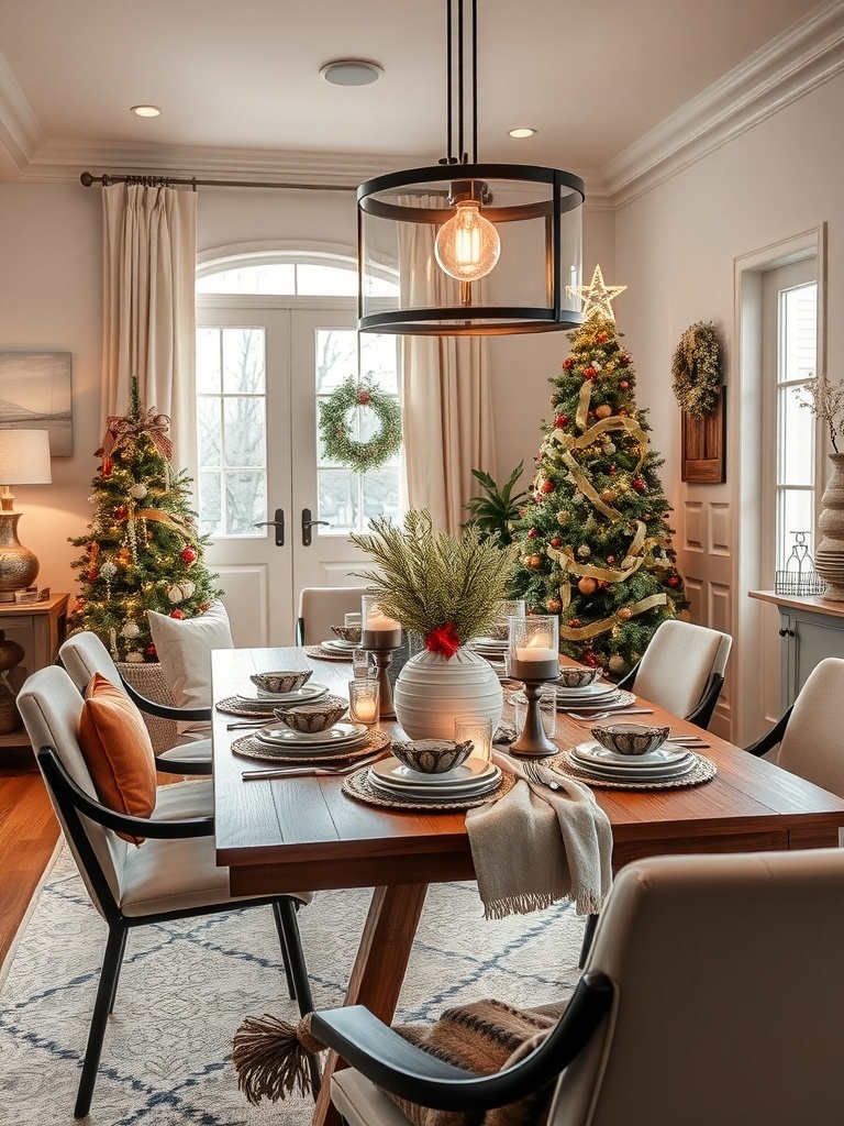 A beautifully decorated winter dining table with candles, plates, and festive decor.