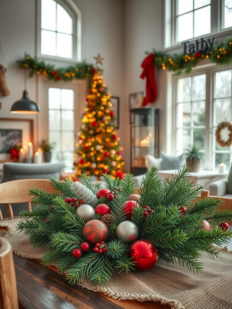 A festive table arrangement featuring evergreens, red and silver ornaments, and a cozy holiday setting.
