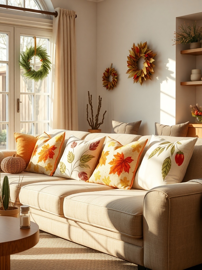 Cozy living room with seasonal throw pillows featuring autumn leaves and warm colors.