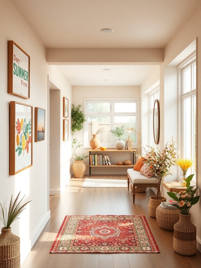A bright hallway featuring seasonal wall art, showcasing summer themes and vibrant colors.