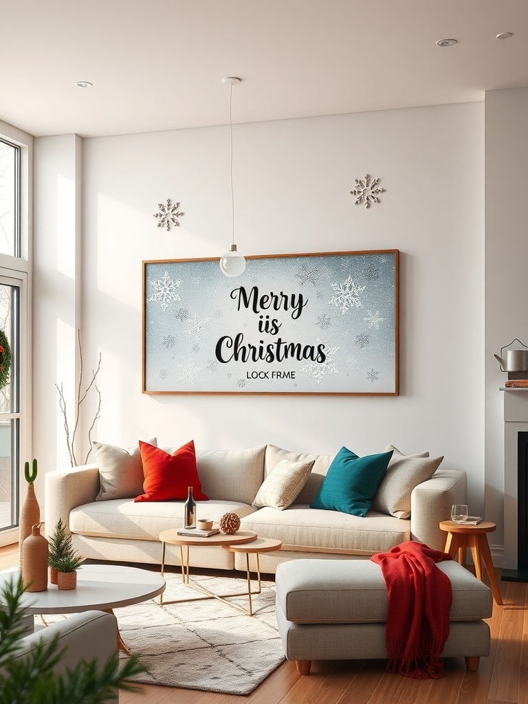 A cozy living room decorated for Christmas with a 'Merry Christmas' wall art and festive accents.