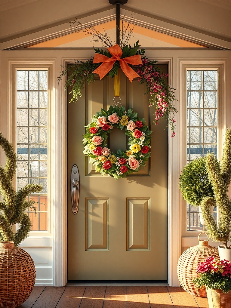 A vibrant floral wreath with roses and a bright bow hanging on a front door.