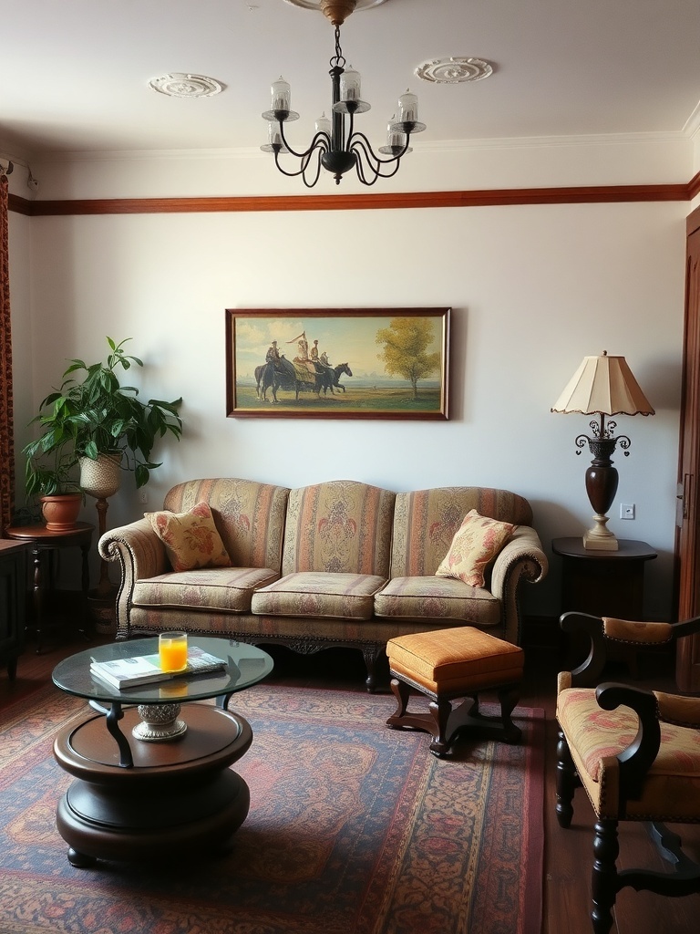 Cozy living room with vintage furniture, including a patterned sofa, coffee table, and lamp.