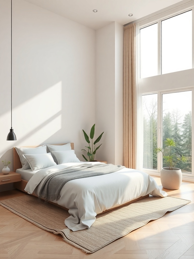 A minimalist bedroom with a bed, natural light, and plants.