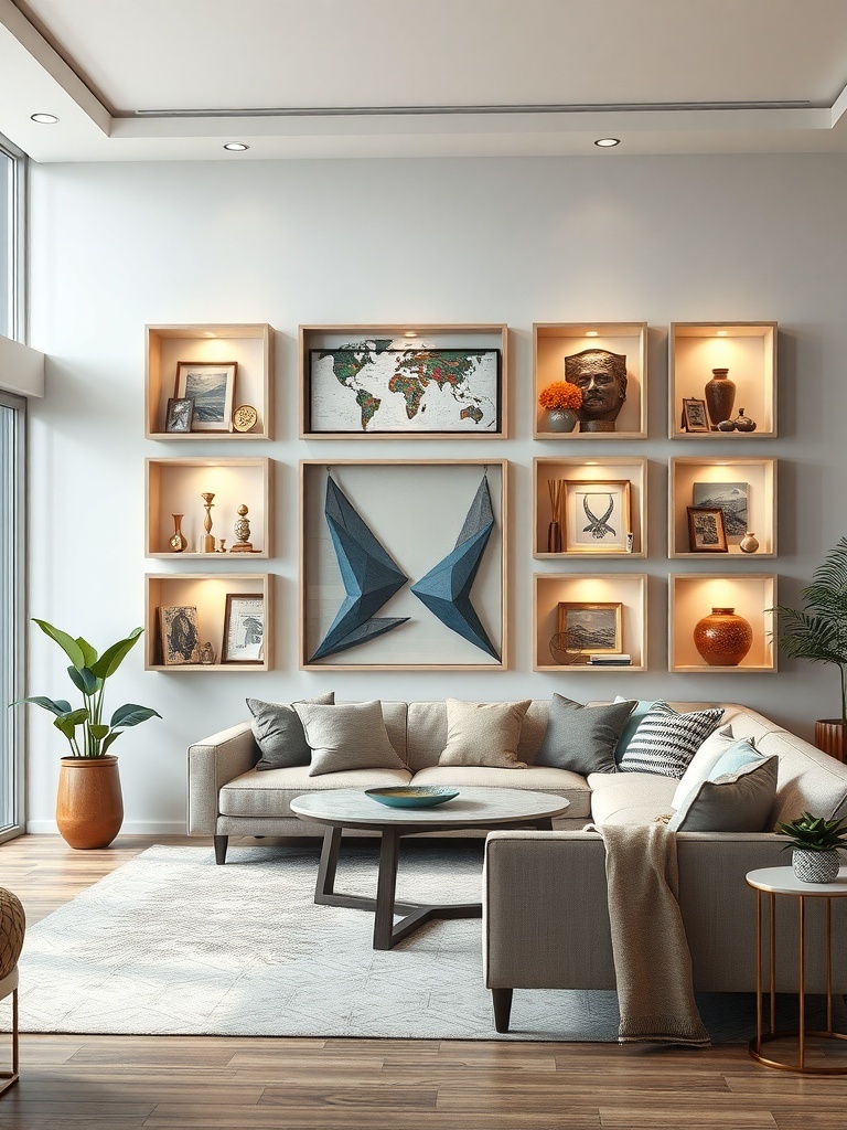 A stylish living room featuring a wall of shadow box displays filled with various decorative items.