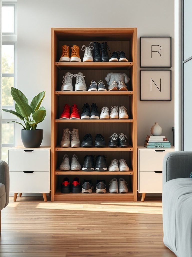 A wooden shoe shelf displaying various pairs of shoes in a stylish room.