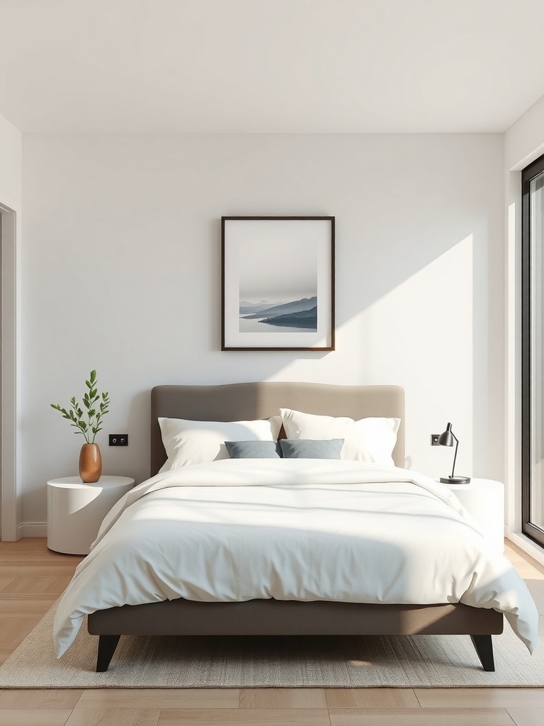 Minimalist bedroom featuring simple artwork above the bed