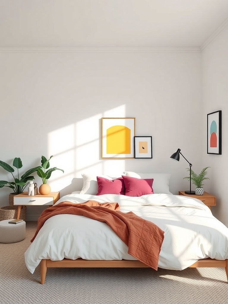 A minimalist bedroom featuring colorful accents with a yellow artwork, pink pillows, and an orange throw blanket.