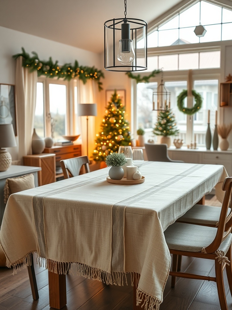 A minimalistic holiday table setting with a neutral table runner and simple decorations.