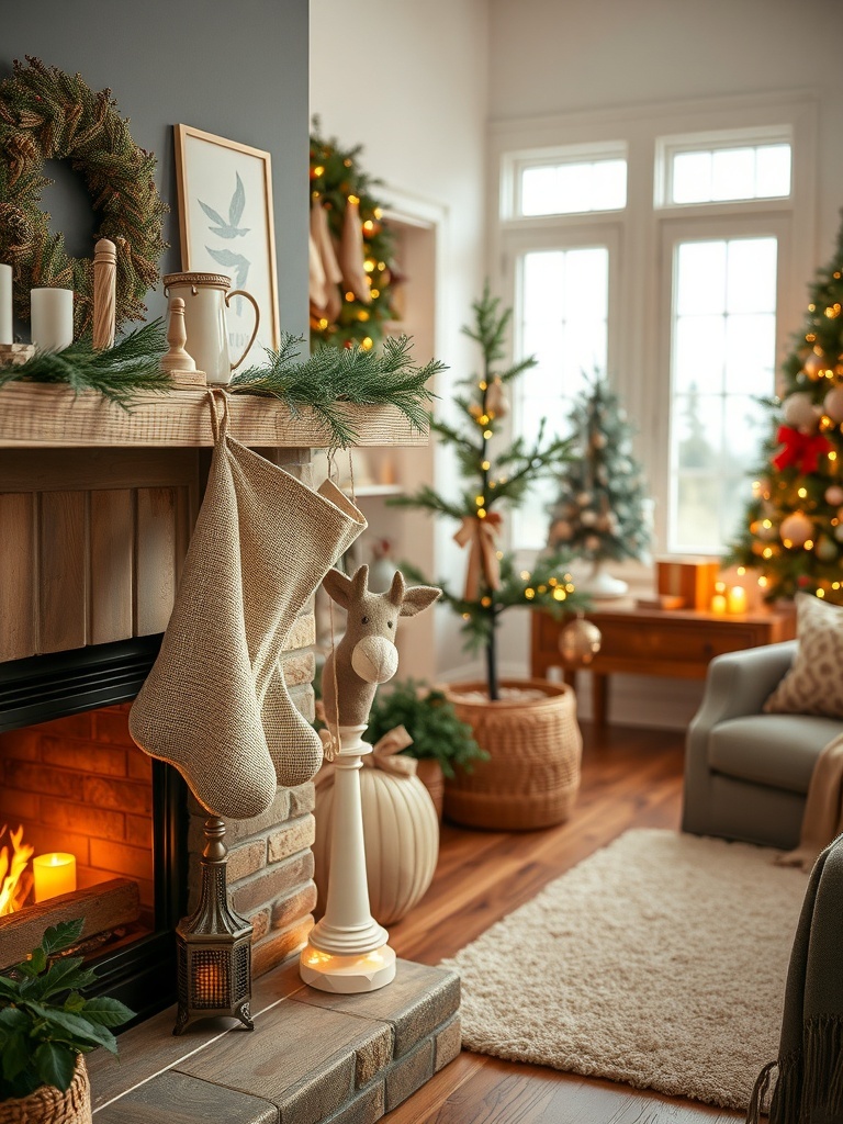 A cozy living room decorated for Christmas with natural fabric stockings hanging by the fireplace.