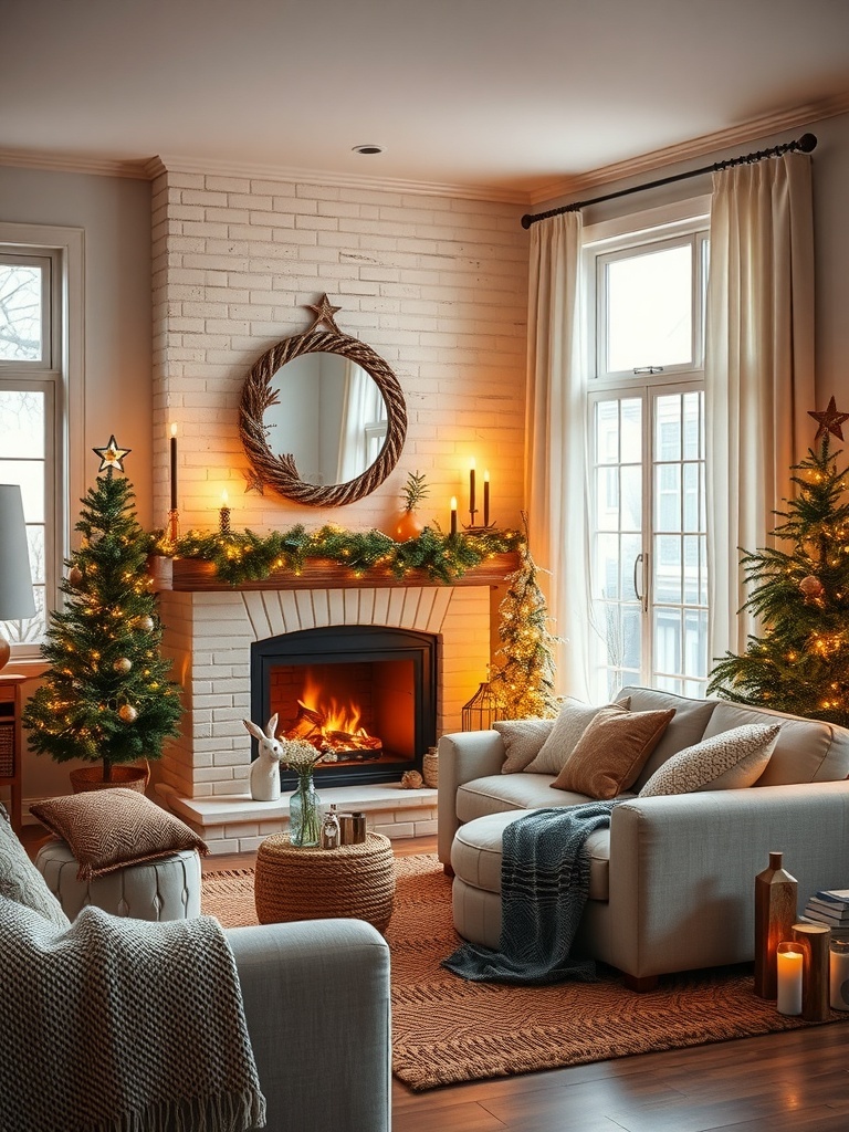 Cozy living room decorated with string lights and Christmas decor.