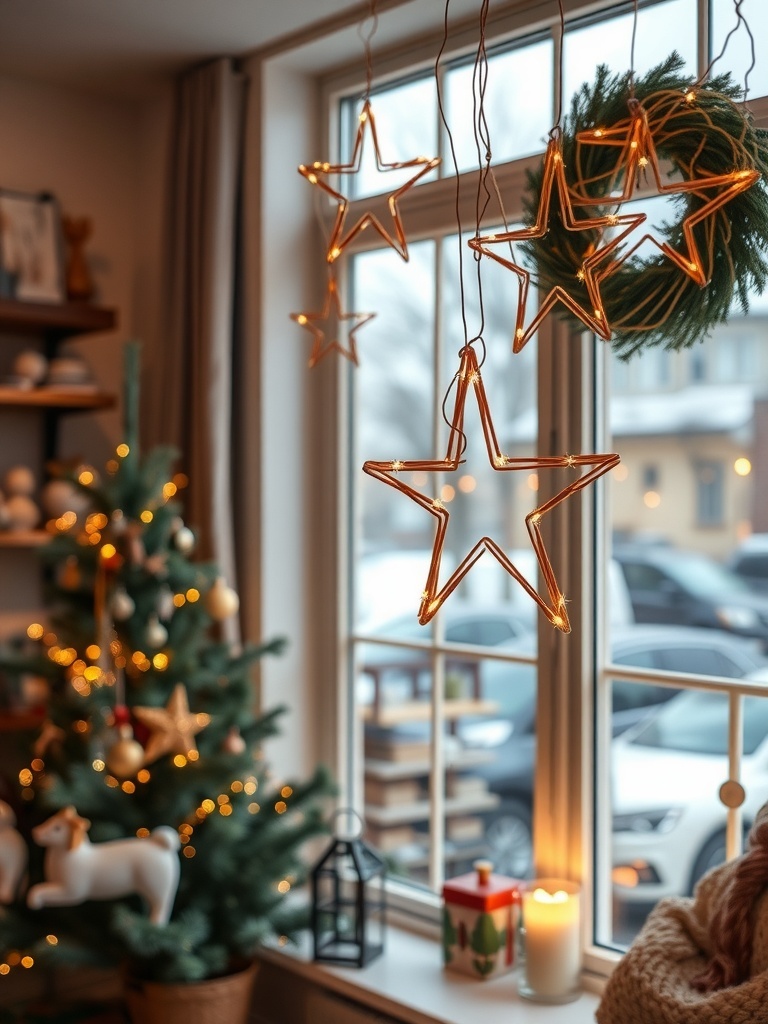 Decorative twinkling star lights hanging in a window with a Christmas tree in the background.