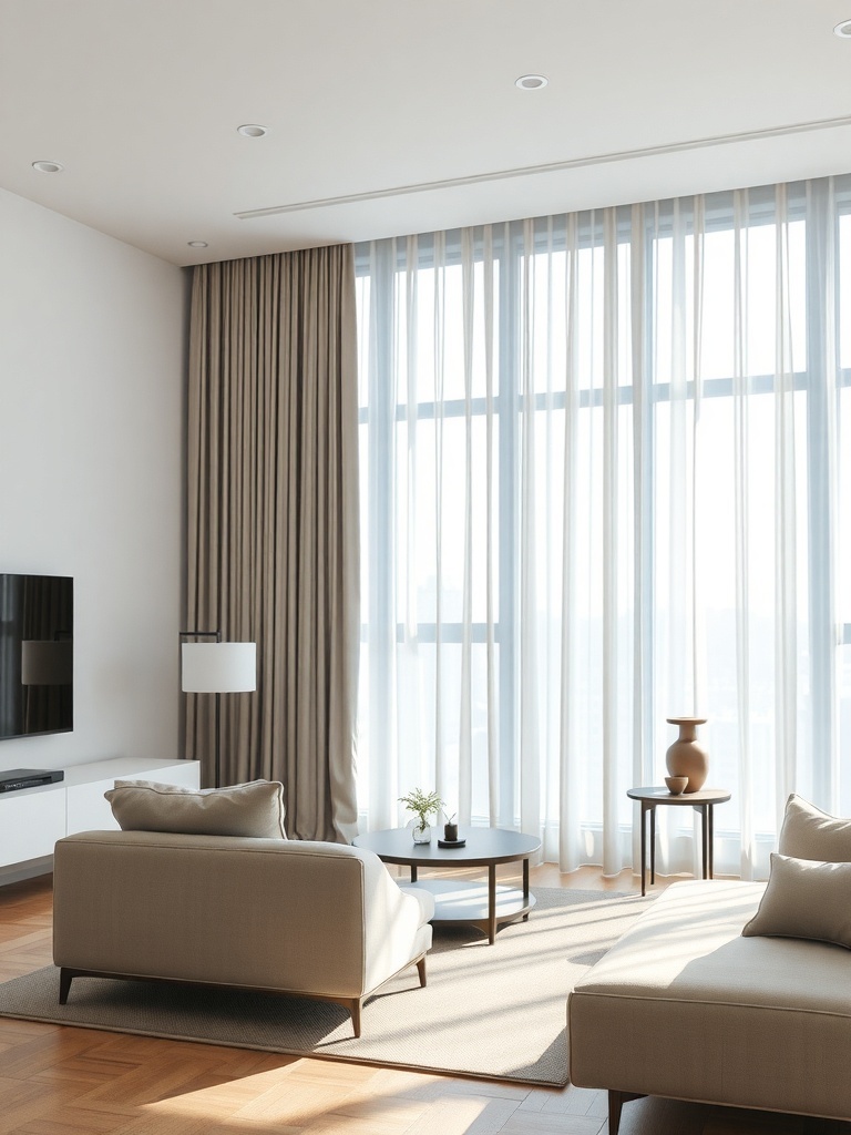 A minimalist living room featuring large windows with sheer curtains, neutral-toned furniture, and a bright, airy atmosphere.