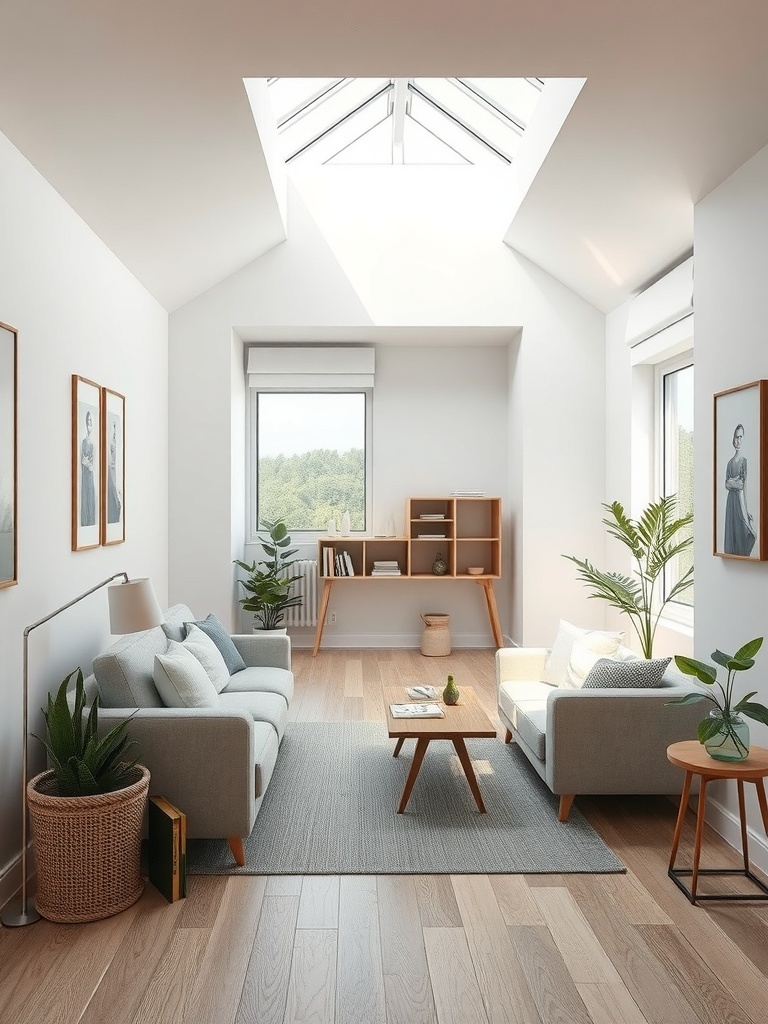 A bright living room with a skylight, featuring modern furniture and plants.