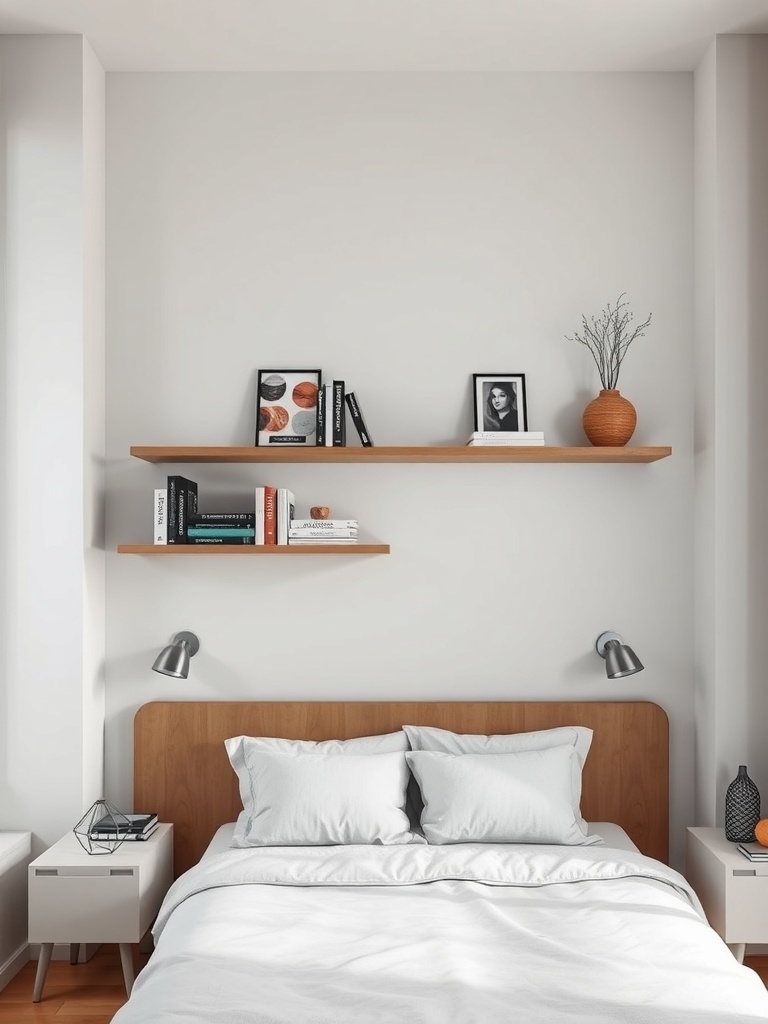 Modern bedroom with sleek floating shelves above the bed, displaying books and decor.