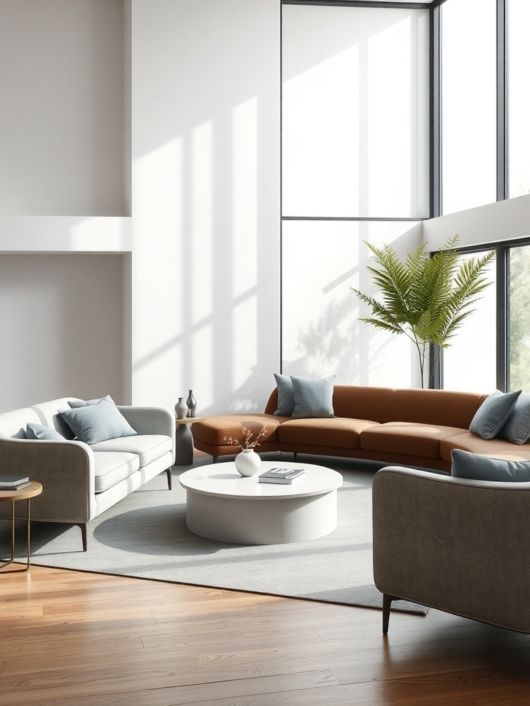 A minimalist living room featuring sleek furniture with soft curves, large windows, and a potted plant.