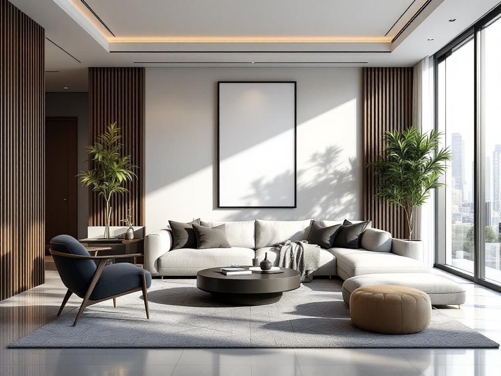 Modern living room with sleek lines and geometric patterns featuring a sectional sofa, round coffee table, and large windows.