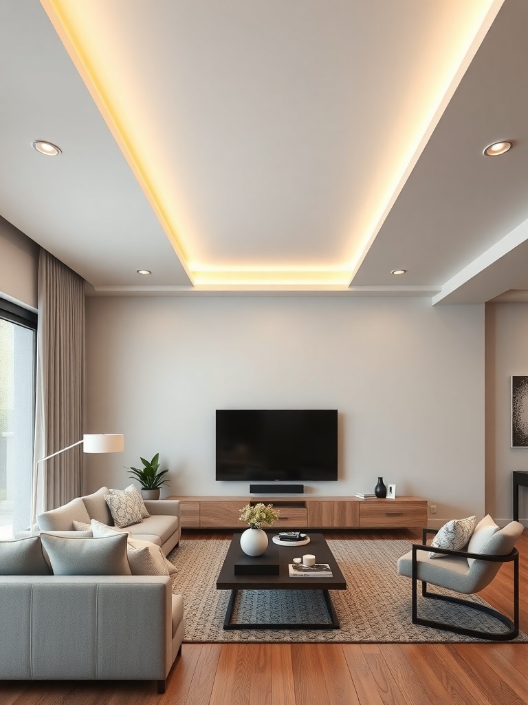 Modern living room with sleek recessed lighting and minimalist decor.