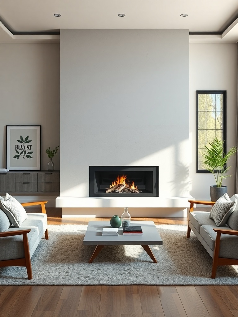 A modern Scandinavian living room featuring a sleek fireplace, minimalist furniture, and natural light.