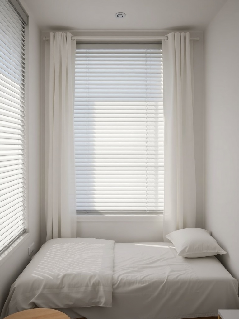 A small bedroom with sleek window treatments, featuring blinds and white curtains.