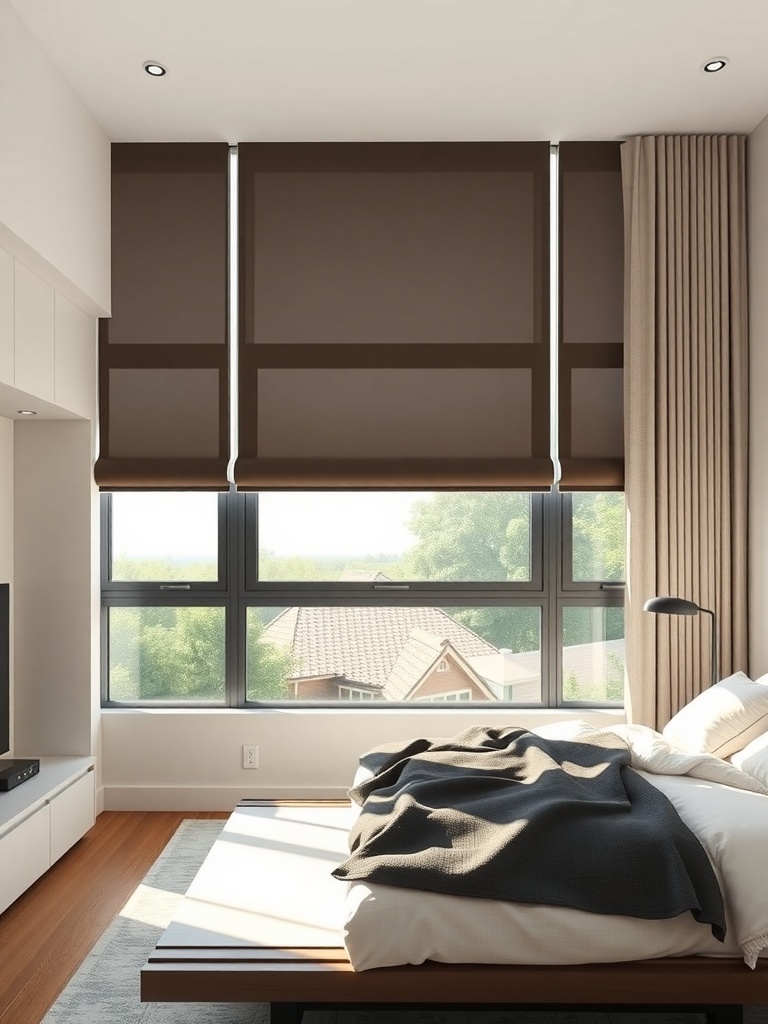 A minimalist bedroom featuring sleek roller shades and soft drapes, enhancing the serene atmosphere.