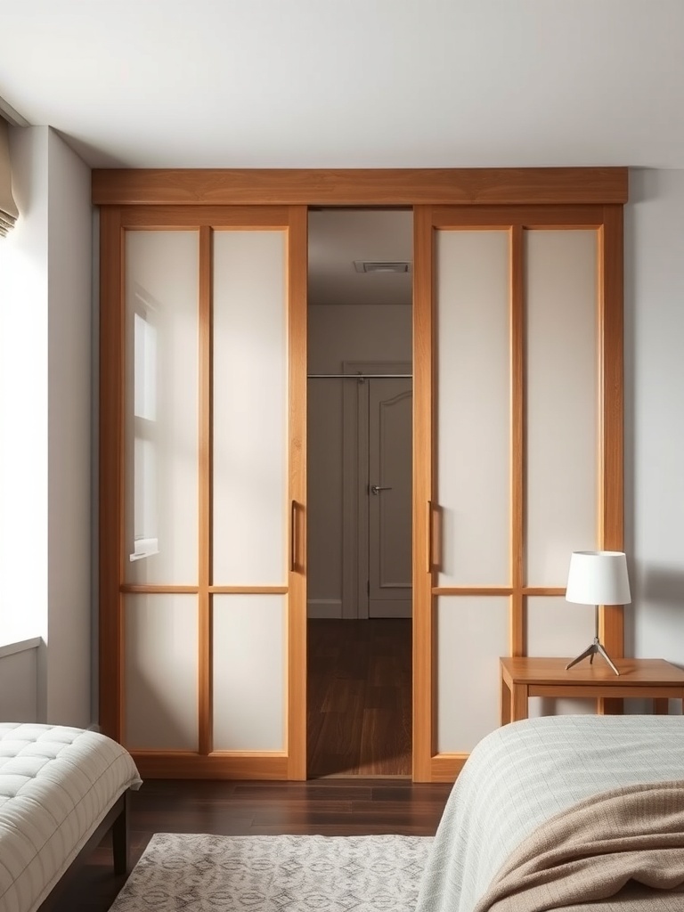 A cozy bedroom featuring wooden sliding doors with frosted glass panels.