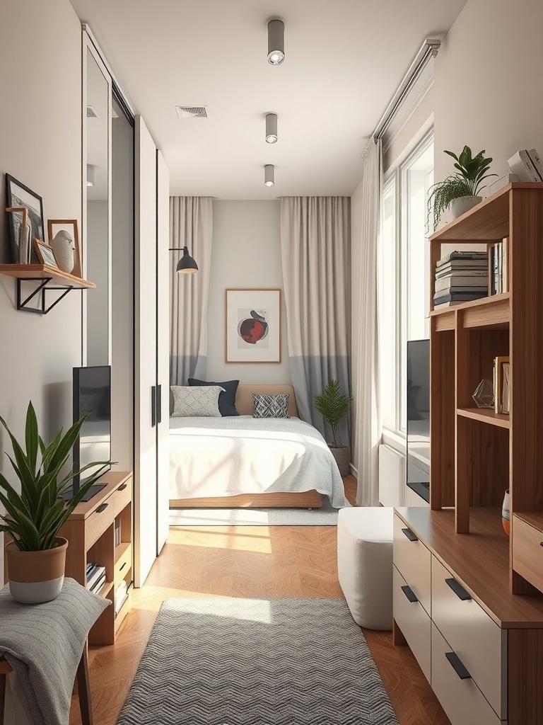 A narrow apartment interior featuring sliding doors, a cozy bed, and modern furniture.
