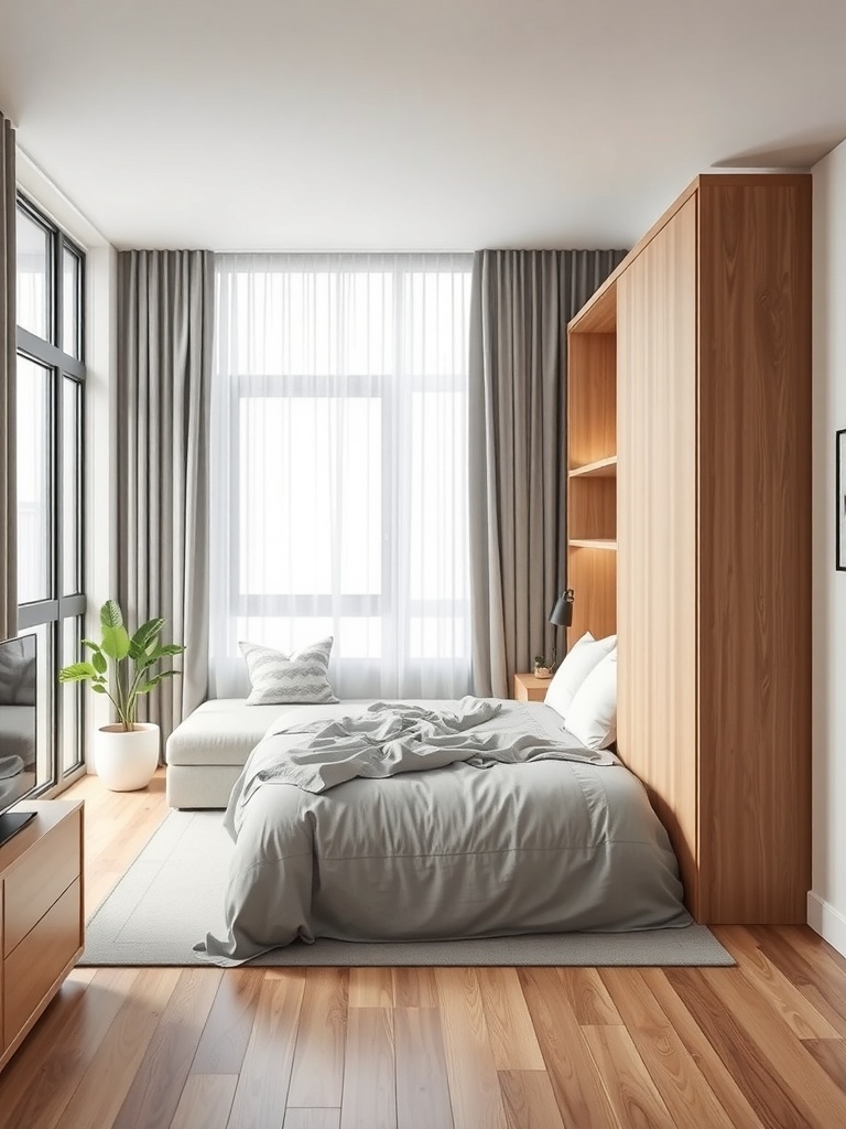 A cozy studio apartment featuring a bed, a sofa, and large windows with sliding partitions for privacy.