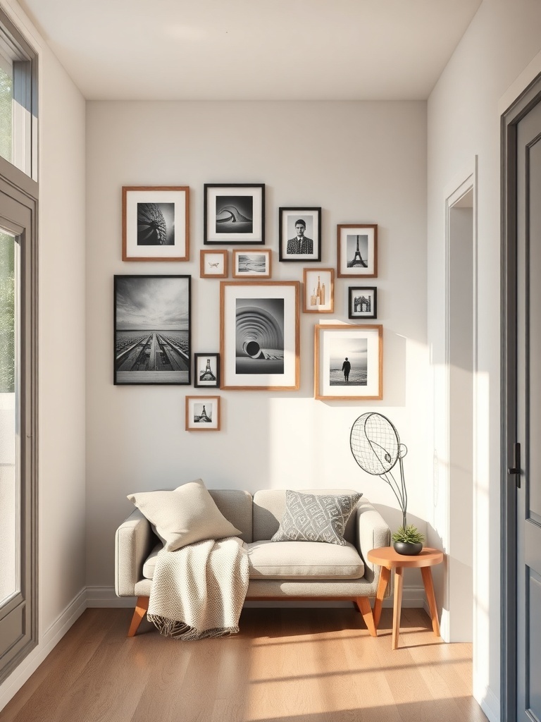 A cozy entryway with a small gallery wall featuring various framed black and white photos.