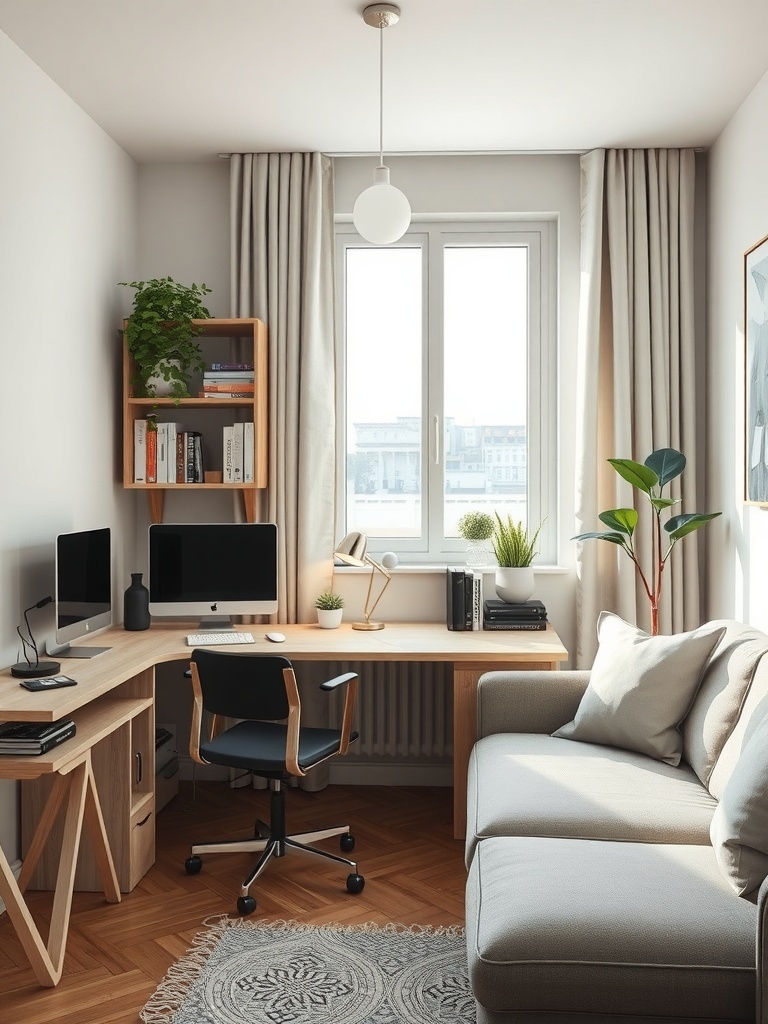 A compact home office with organized cables and a clean workspace.