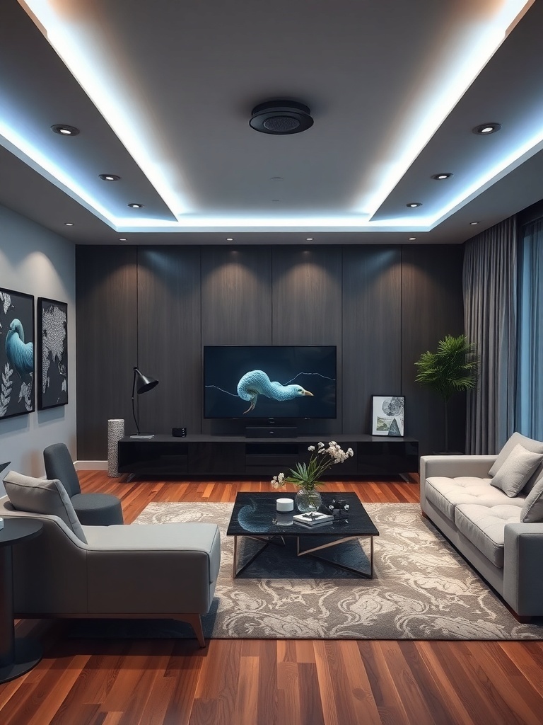 A modern living room featuring smart home integration with sleek design, smart lighting, and a cozy atmosphere.