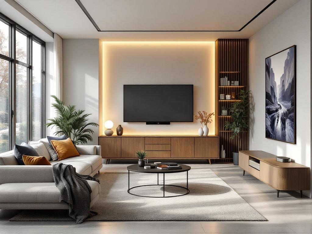 A modern living room featuring a cozy sofa, wooden furniture, and smart home technology.